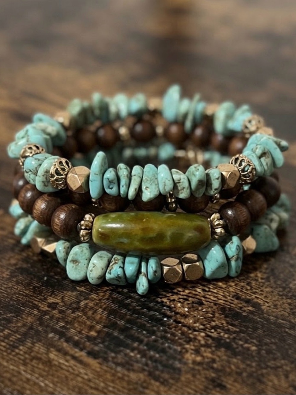 Genuine Turquoise Bead Wrap Bracelet with Antiqued Gold Accents Boho Jewelry